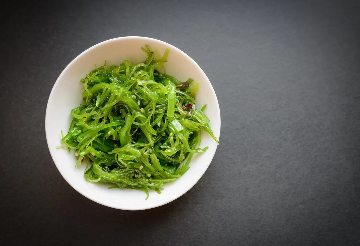 wakame salad or seaweed salad on dark background selective focus