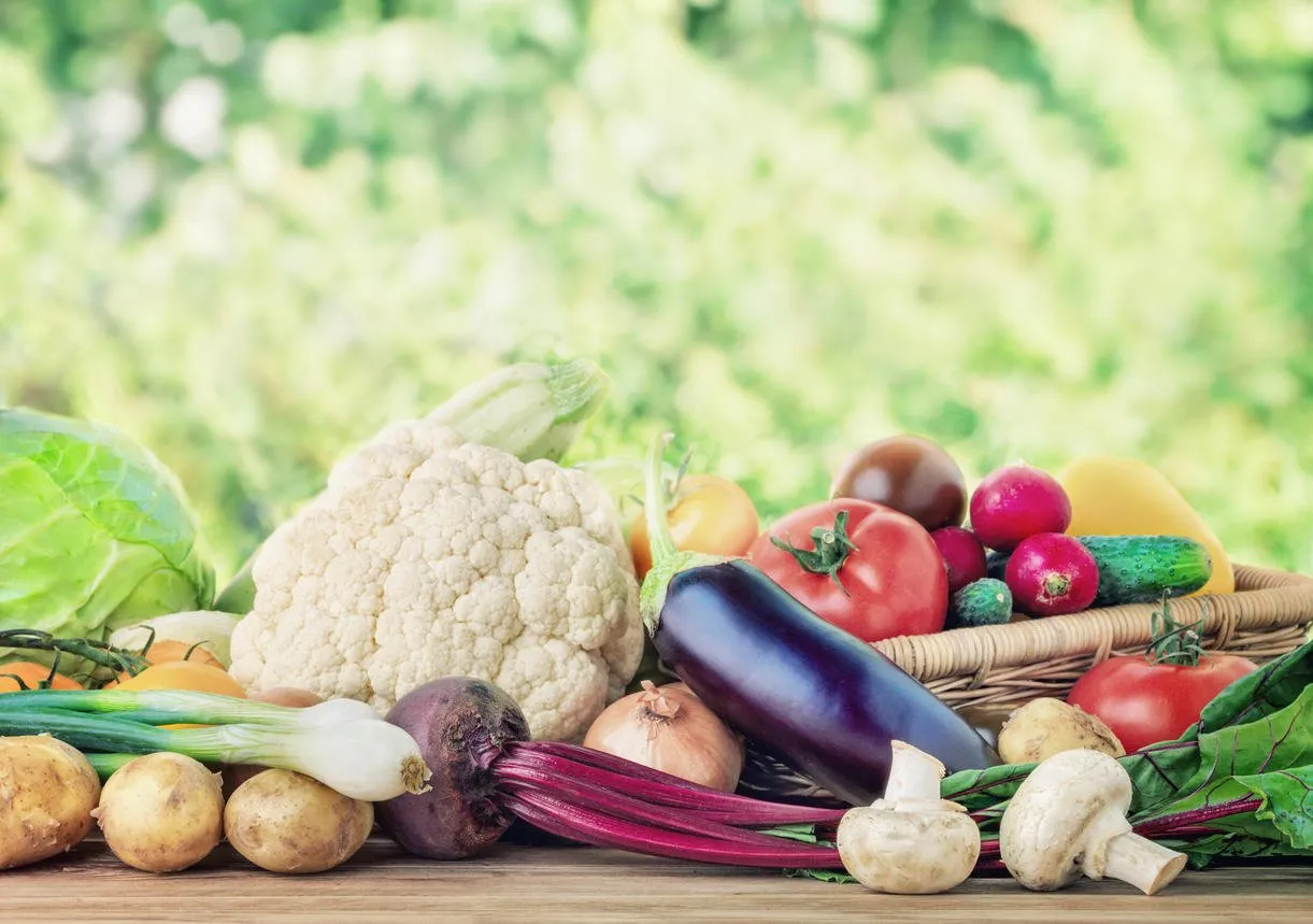 vegetables in the garden on a wooden rustic table beets, potatoes, onions, cauliflower, tomatoes, zucchini, radish, sweet pepper, eggplant, cucumber, mushrooms focus concept