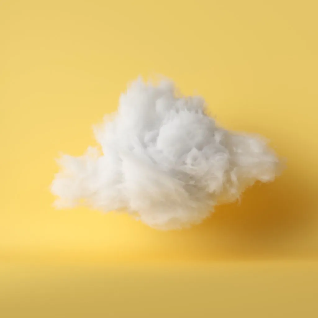 3d render, white fluffy cloud levitating inside the studio object isolated yellow background, modern design, abstract metaphor