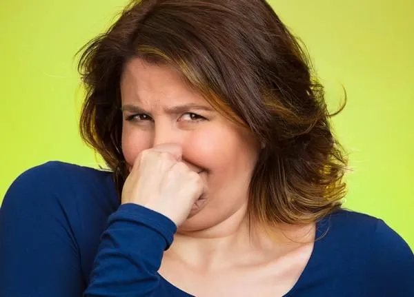 closeup, portrait, moyen, âge, femme, qui, couvre, pince, elle, nez, à, main, regarde, dégoût, quelque chose pue, mauvais, odeur, situation, isolé, fond vert, humain, expressions visage, corps, langage