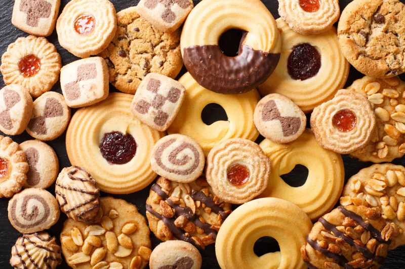beautiful cookies assorted close-up background horizontal view from above