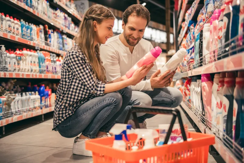 handsome dad and his pretty daughter are choosing household objects while doing shopping in supermarket