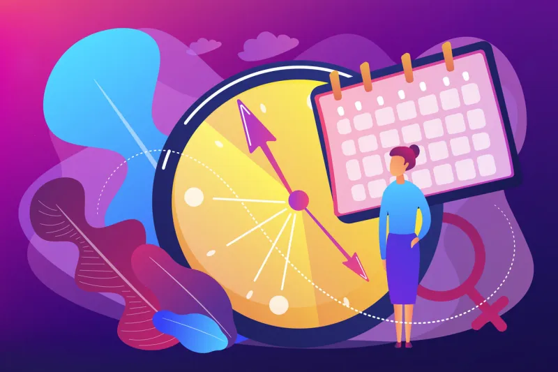 menopause woman standing at her biological clock measuring age and calendar menopause, women climacteric, hormone replacement therapy concept bright vibrant violet vector isolated illustration