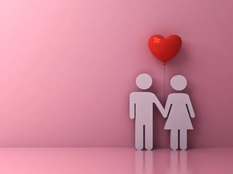 love couple holding hand with red heart balloon on light pink pastel color background with shadow and reflections love couple concept for valentine's day 3d rendering