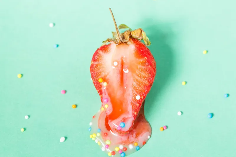 erotic fruit , strawberry with colourful sprinkles and strawberry juice