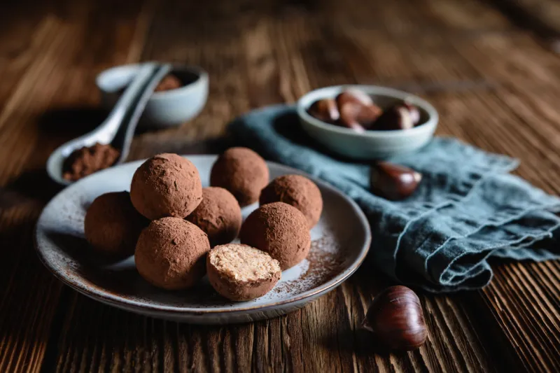 delicious chestnut truffles coated with cocoa powder