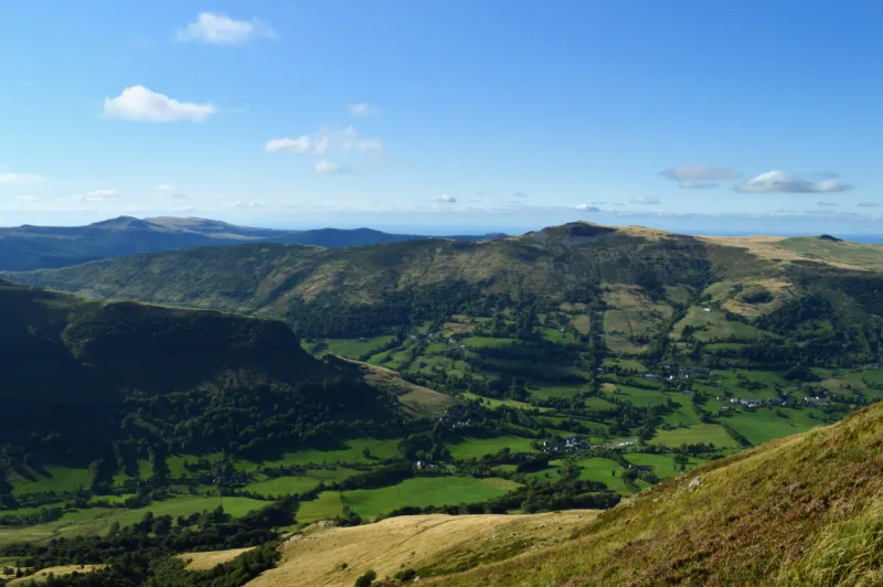 a magnificent panorama and viewpoint from the mountain range of cantal in auvergne, france national park of the auvergne volcano