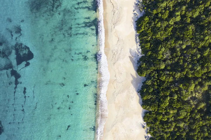 view from above, stunning aerial view of an amazing wild beach bathed by a transparent and turquoise sea sardinia, italy