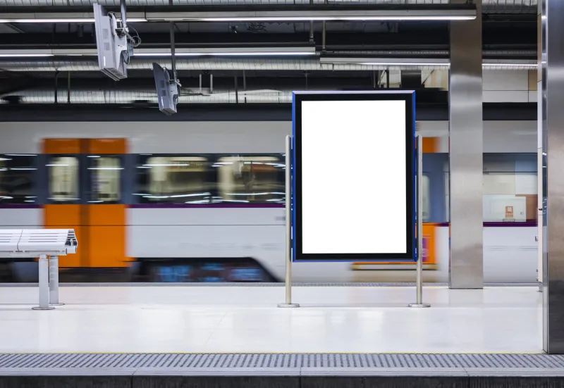 mock up board banner blank poster in subway train station blur train moving background