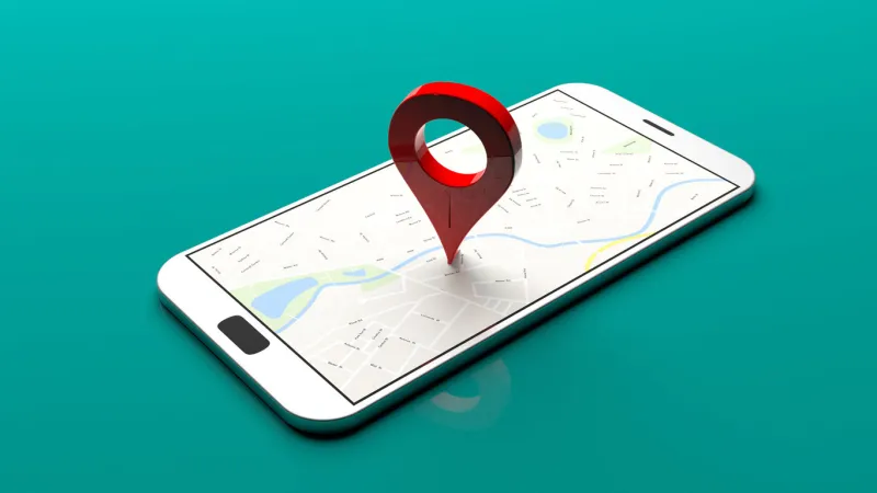 smartphone with map pointer on the screen, green background 3d illustration