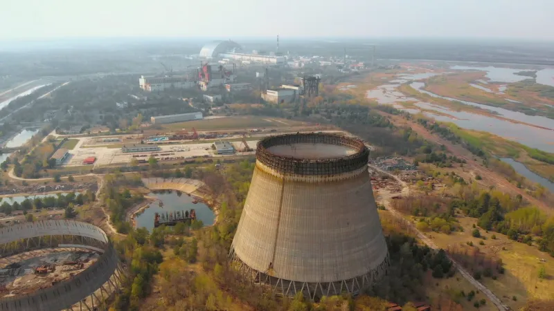 chernobyl nuclear power plant cooling tower overlooking the nuclear power plant in chernobyl view of the destroyed nuclear power plant chernobyl nuclear power plant, ukrine aerial view