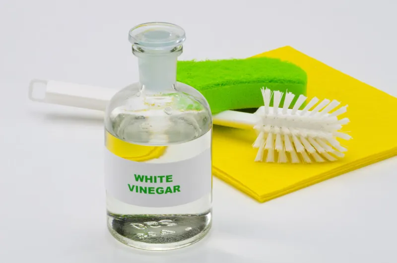 white vinegar in a glass bottle white background organic cleaner
