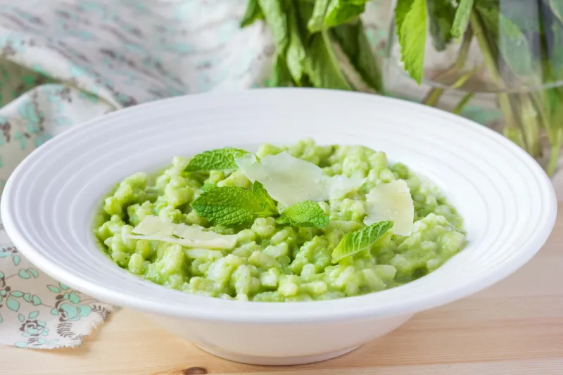 green italian risotto with peas, mint, crispy, delicious gourmet dish