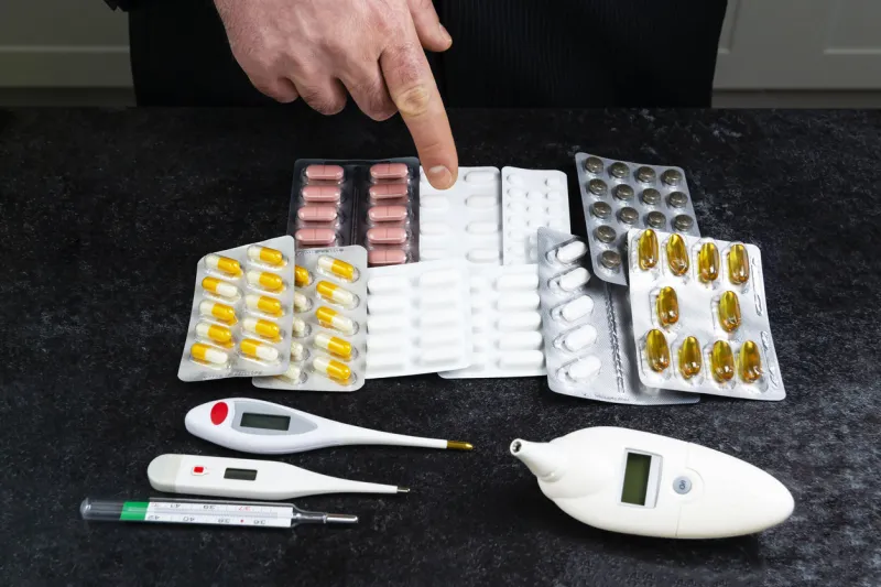 a man points out with his forefinger blisters of different pills and thermometers on a dark marble table pharmaceutical help, medicine drugs, mercury and electronic thermometers healthcare top view