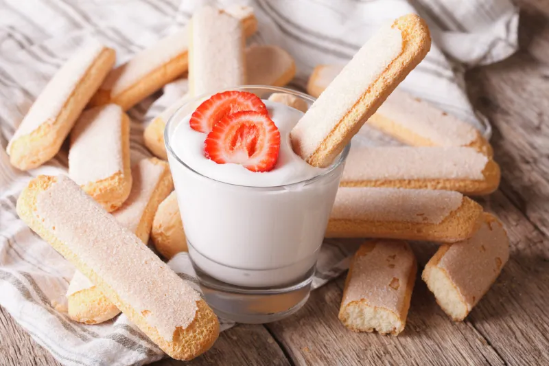 dessert of savoiardi with yogurt and strawberries horizontal