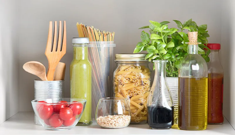 kitchen pantry with italian food products healthy food concept