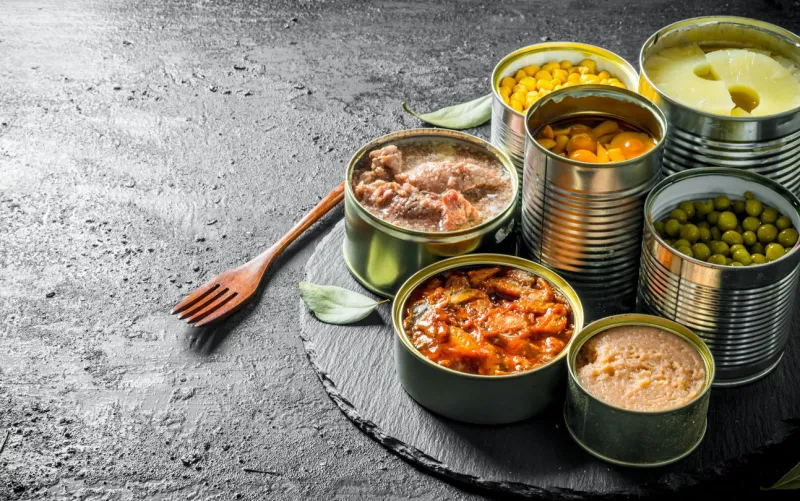various open tin cans of canned food on a stone board with a fork on black rustic background