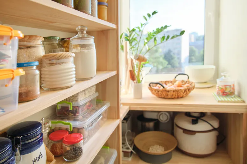 wooden shelves with food and utensils, kitchen appliances in the pantry