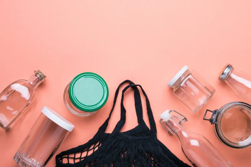 set of jars and cotton mesh bag for zero waste shopping