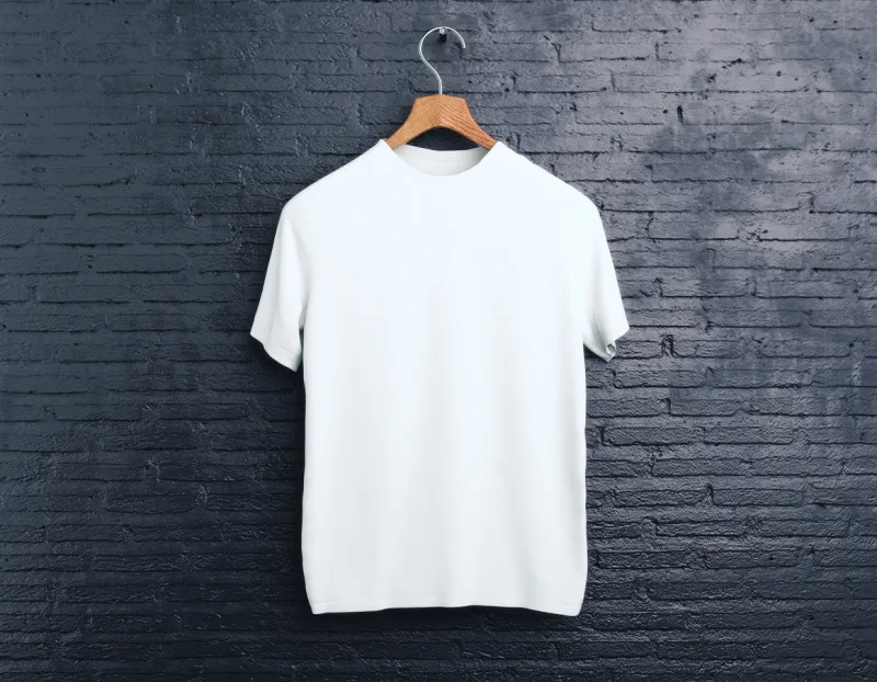 wooden hanger with empty white t-shirt hanging on dark brick background shopping concept mock up 3d rendering