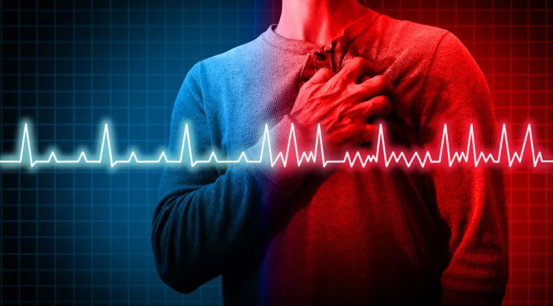 heart disorder and atrial fibrillation ecg as a coronary cardiac attack with irregular and normal organ rythm as a chest discomfort disease concept with a person suffering from a circulation illness in a 3d illustration style