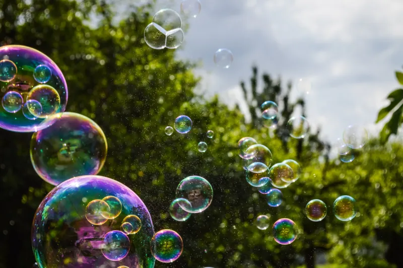 soap bubbles floating on green garden background