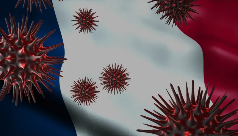 a coronavirus spinning with france flag behind as epidemic outbreak infection in france