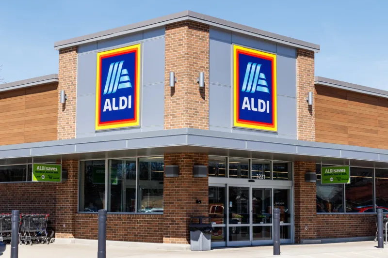 muncie - circa march 2019  aldi discount supermarket aldi sells a range of grocery items, including produce, meat & dairy, at discount prices ii