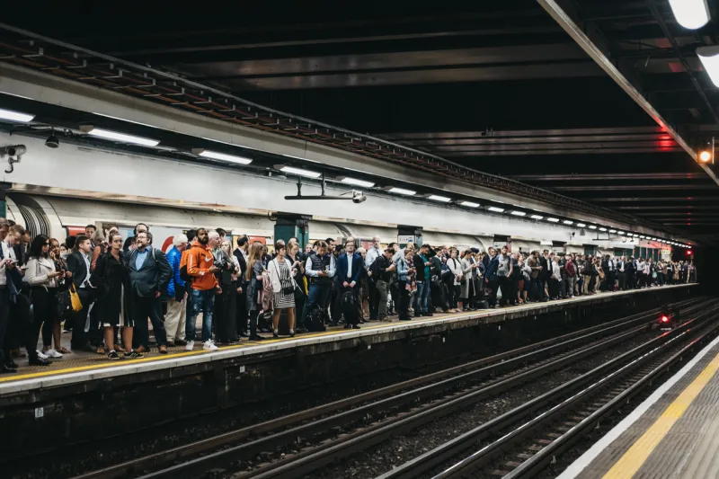 london, uk - june 6, 2019  large group of people on a platform of moorgate station of london undeground, trains delayed london underground is the oldest underground railway in the world