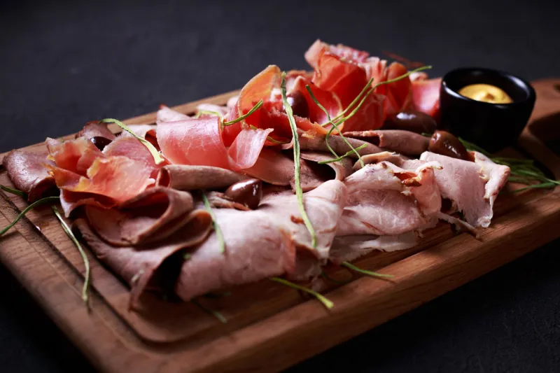 gourmet snacks set, food photo art, luxury restaurant meals, meat plate prosciutto, ham and finest delicious meat delicatessen on board