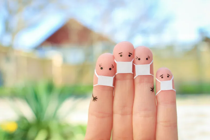 fingers art of family with face mask