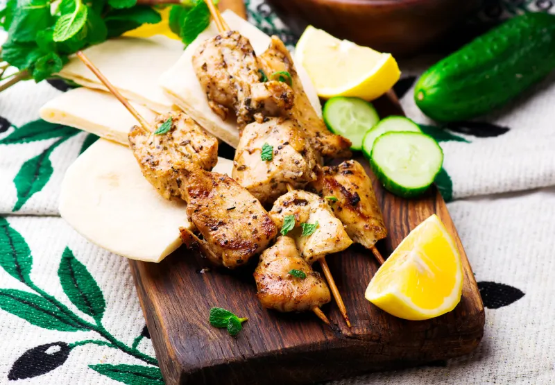 chicken souvlaki with pita and tzatziki