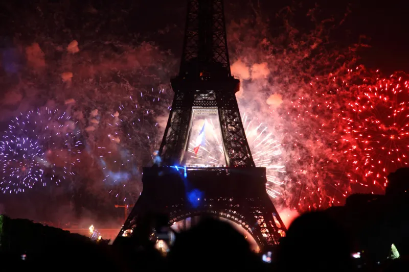 famous fireworks near eiffel tower during celebrations of french national holiday, bastille day