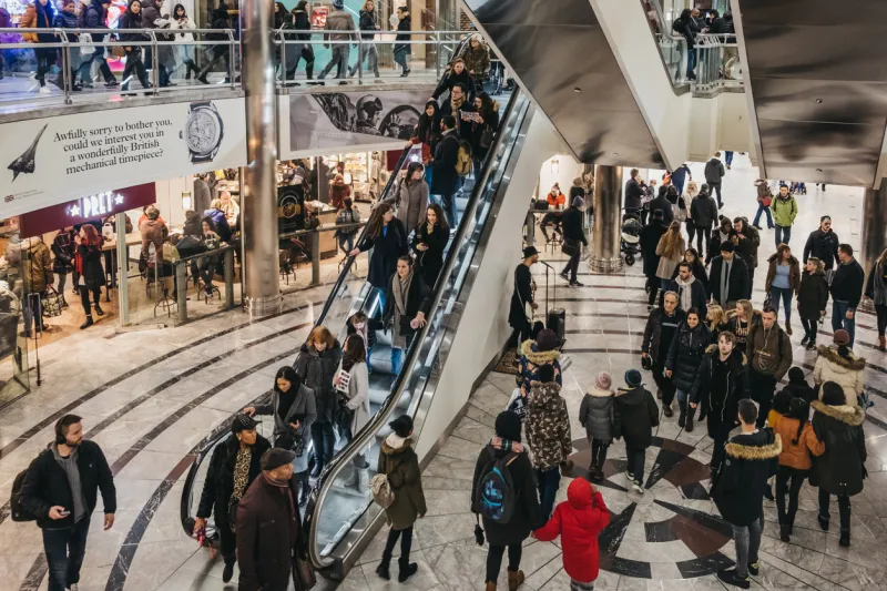 london, uk - january 26, 2019  people inside one canada square mall in canary wharf, a busy financial area of london that often host events