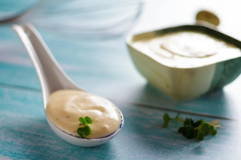 home-made mayonnaise in a spoon and in a bowl horizontal