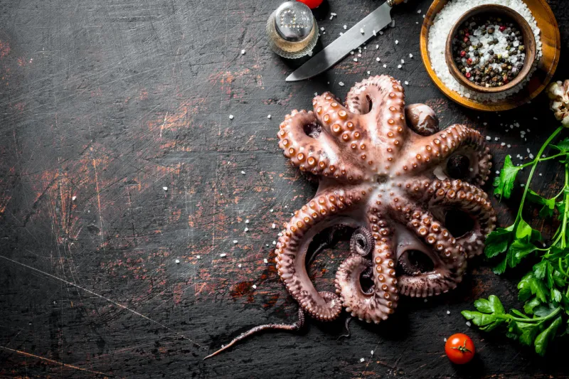 fresh octopus with spices on dark rustic background