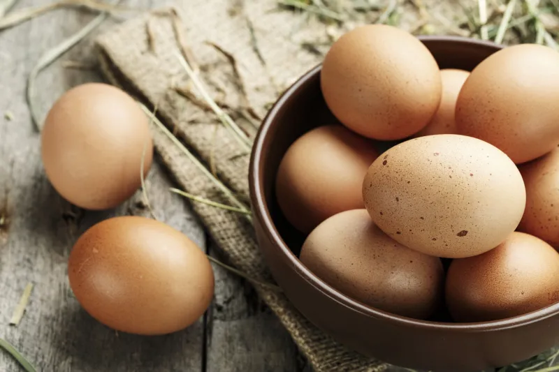brown eggs in a plate rural scene