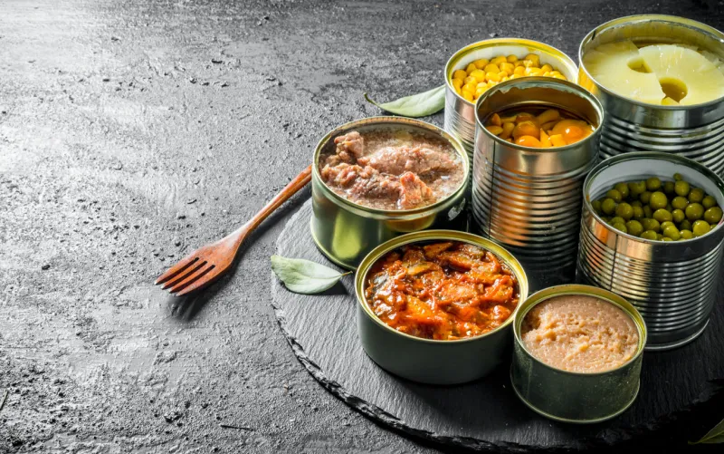 various open tin cans of canned food on a stone board with a fork on black rustic background