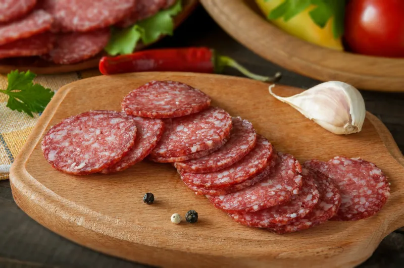 slices of salami with vegetables pepper and garlic on a cutting board on a wooden table