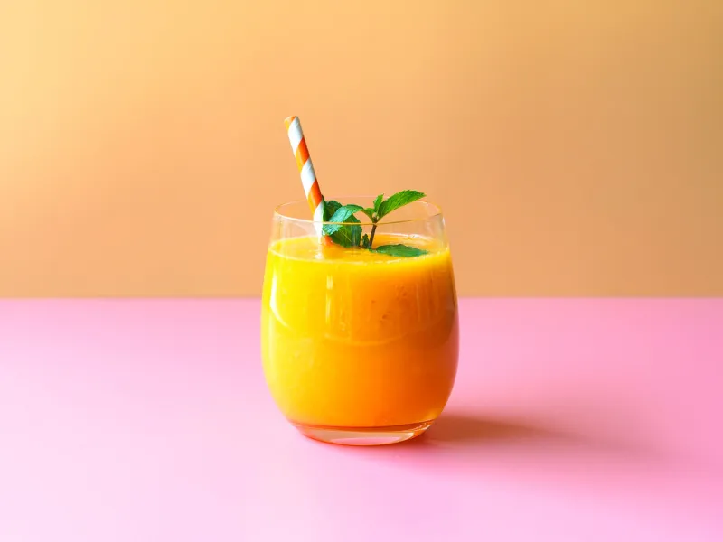 mango smoothies topping with mint leaf on orange and pink background for summer fruit drink concept