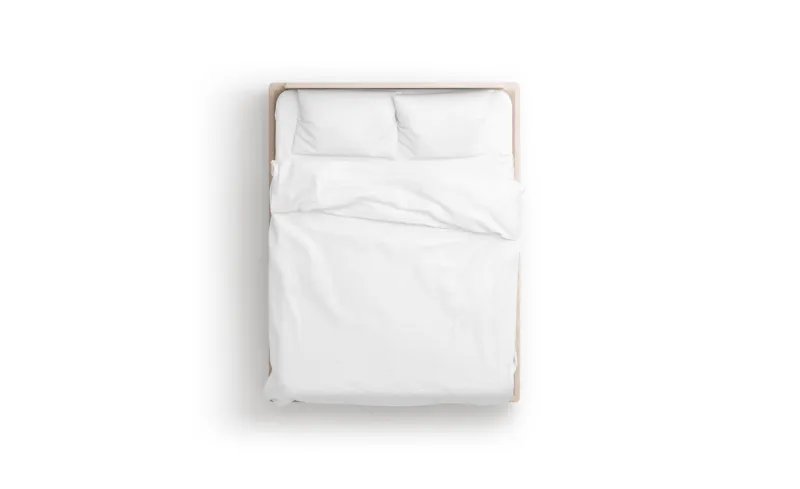 blank white bed mock up, top view isolated, 3d rendering empty blanket and pillows mockup in bedstead doss with mattress and bedsheet in place for sleep template bedclothes with pilows and duvet