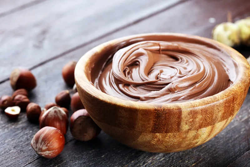 homemade hazelnut spread in wooden bowl hazelnut nougat cream