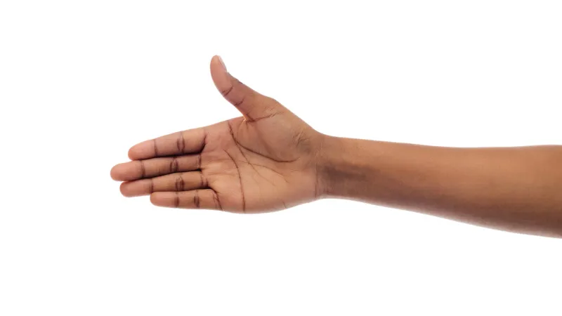 black female hand stretched for handshake greeting isolated on white studio background panorama, empty space