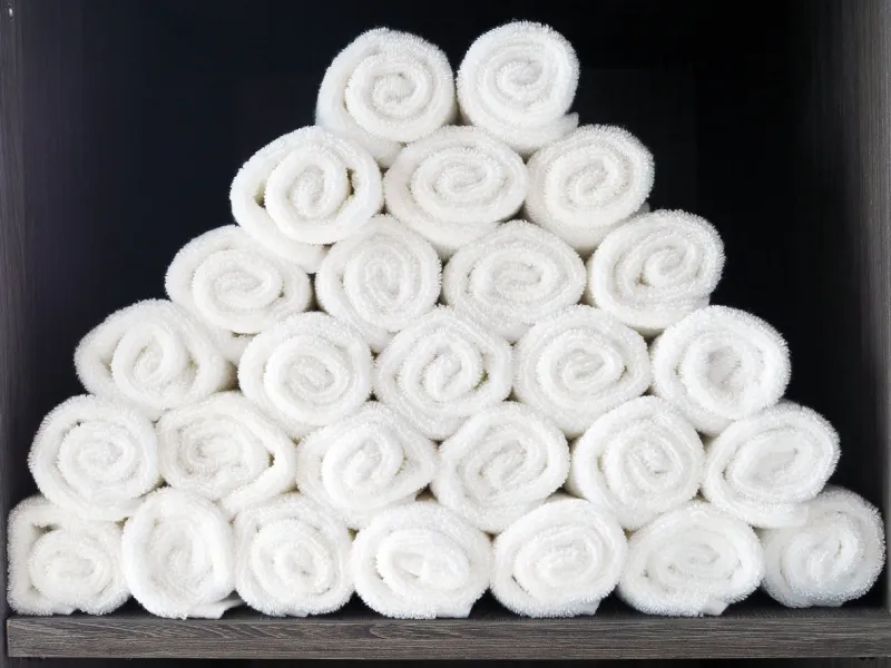 pile of rolled white clean towel placed on the closet in the gym, ready to use for the work out person selective focus