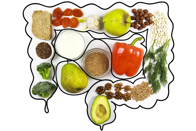 food for bowel health kefir, bifidobacteria, greens, apples, fiber, dried fruits, nuts, pepper, whole bread, cereals broccoli flax seed isolate on a white background