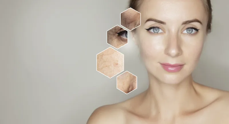 woman face with hexagon zoom photo of old wrinkled skin