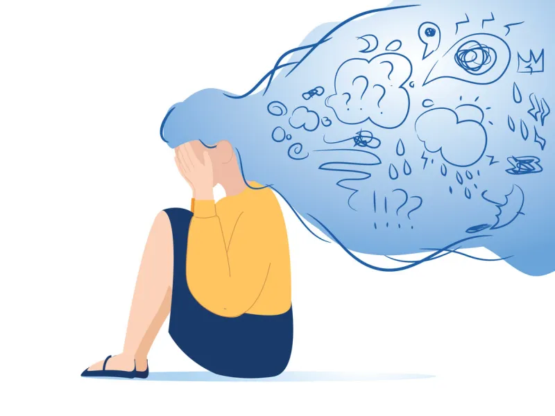 mental disorder, finding answers, confusion concept woman suffering from depression, closing face with palms in despair, girl trying to solve complex problems simple flat vector stress at work