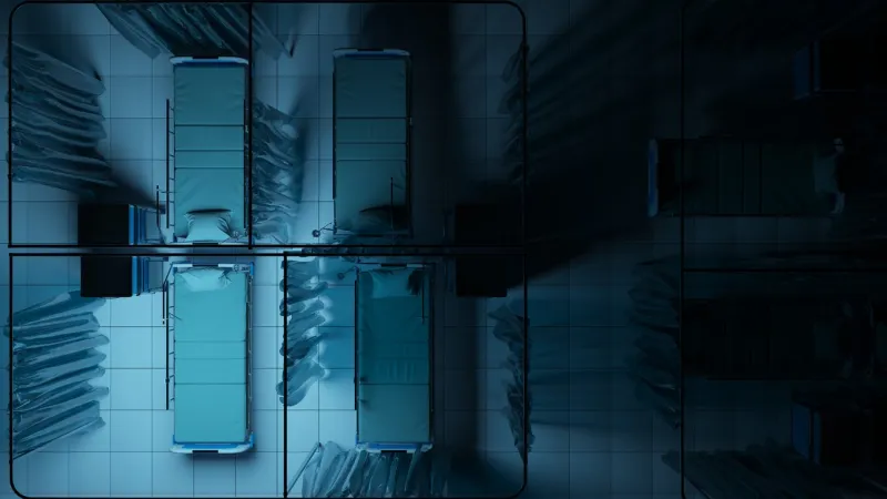 top view of empty hospital beds illuminated faintly by blue light in the dark