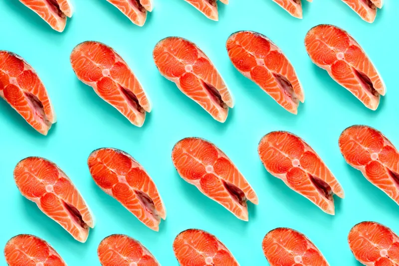 salmon steak pattern, conceptual salmon background, flat lay composition