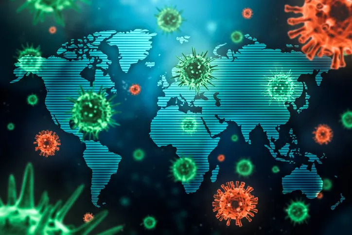 viral epidemic or pandemic spreading around the world concept with microscopic virus cells and the world map healthcare, medical, global contagion and communicable disease 3d rendering illustration
